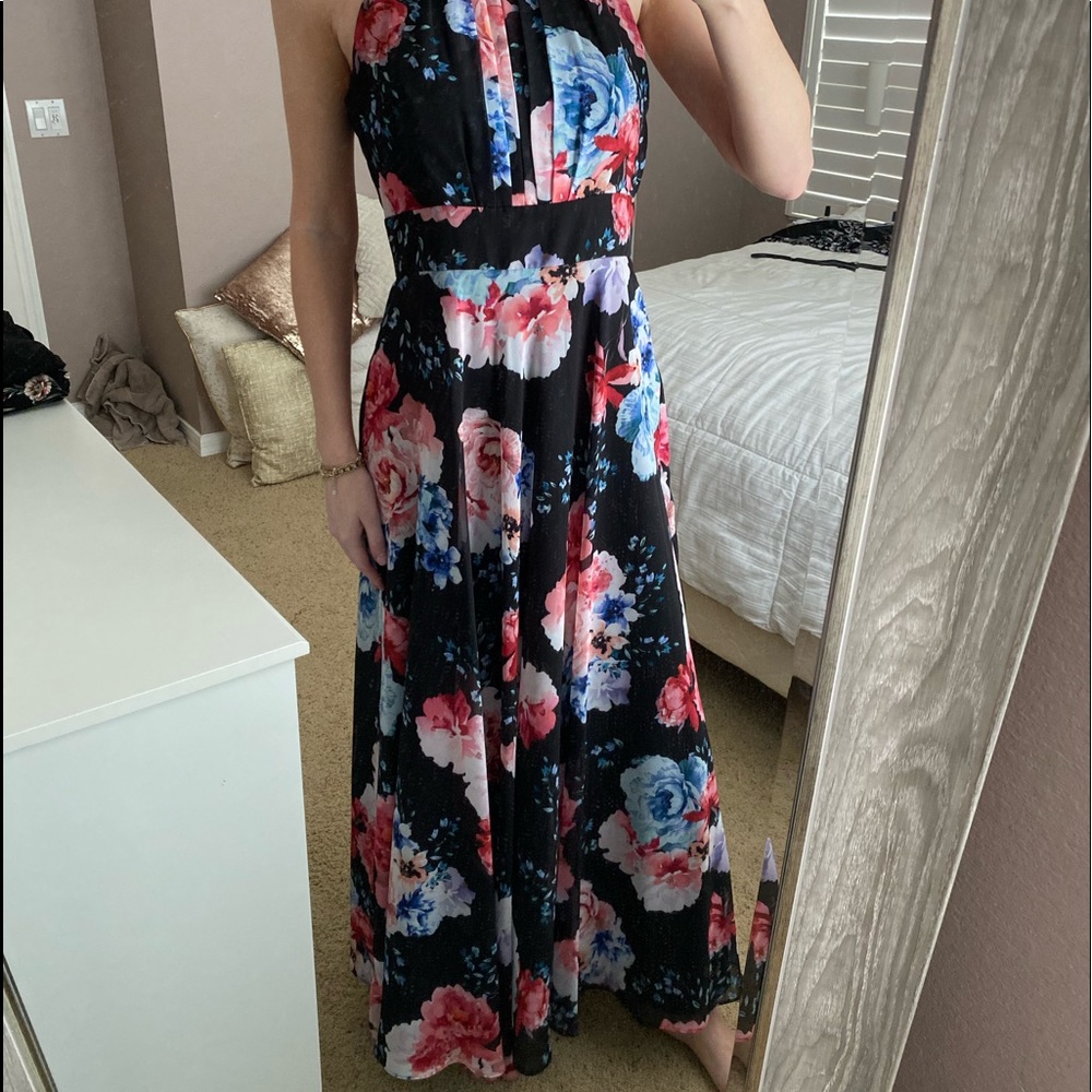Nightway black and floral maxi dress